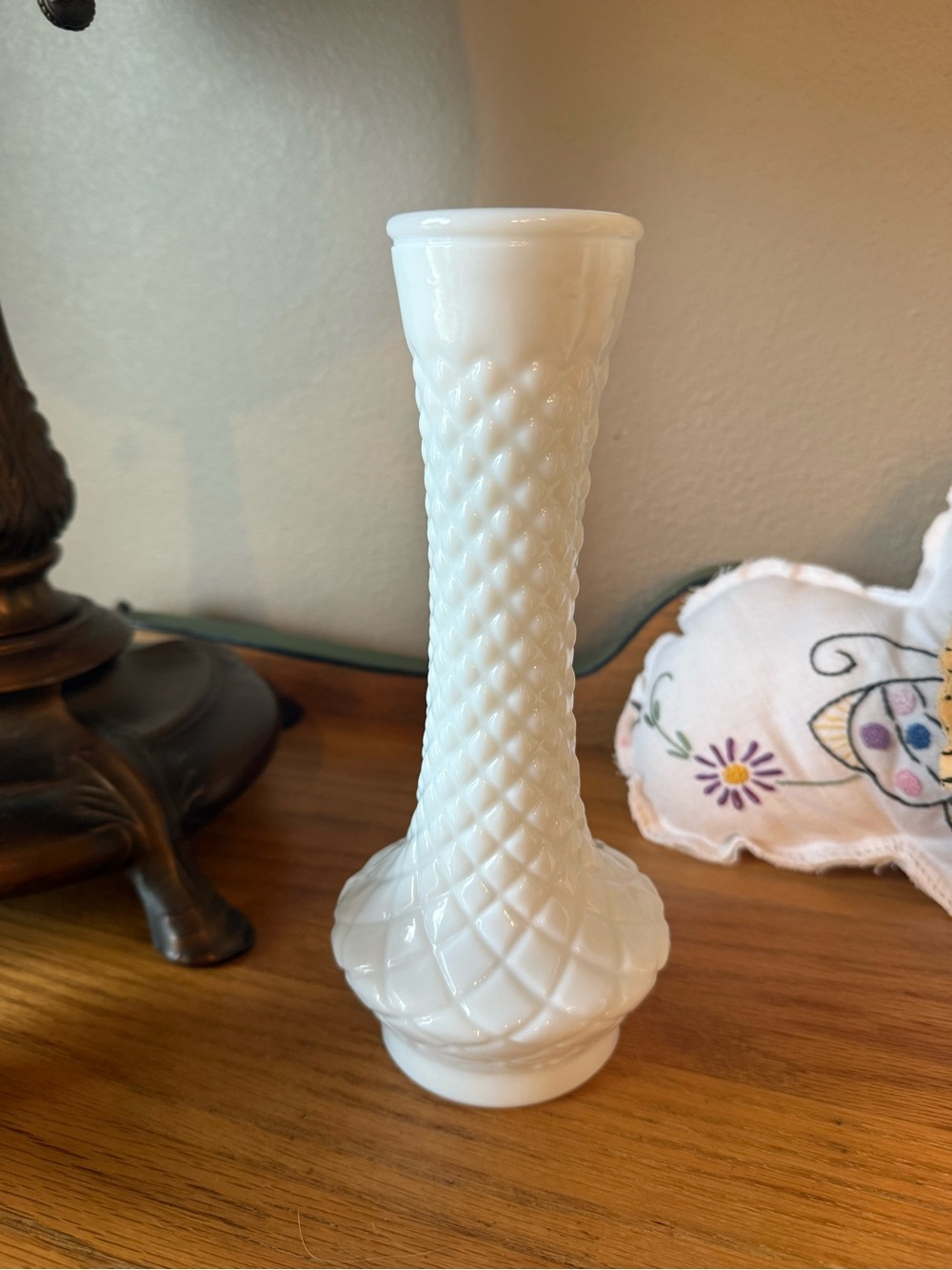 White Milk Glass Bud Vase - Classic Diamond Pattern